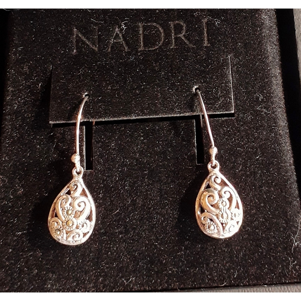 Beautiful Nadri Sterling Silver Marcasite Scroll Teardrop Earrings NEW